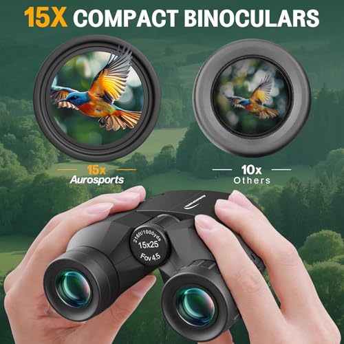 Aurosports Compact Binoculars for Adults & Kids - 15x25 High Power Binoculars with FMC Lenses & High Light Transmission Ultra Lightweight & Small Binos for Bird Watching Gifts for Men Women - Black