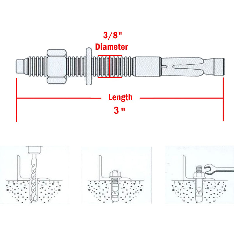 [Australia - AusPower] - 3/8" X 3" Concrete Anchor, 304 Stainless Wedge Anchor with Excellent Anti-Rust Performance, 304(18-8) Stainless Steel Concrete Anchors and Screws Kit (10pcs) 3/8" X 3" 