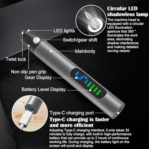 Engraving Pen, 5 Speeds Adjustable LED Engraving Pen Tool Kit with 30 Bits & 24 Accessories, Cordless Engraver for Jewelry Wood Glass Stone Carving