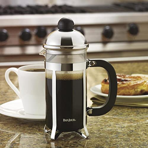 BonJour Coffee Stainless Steel French Press with Glass Carafe, 12.7-Ounce, Monet, Black Handle 3 Cup