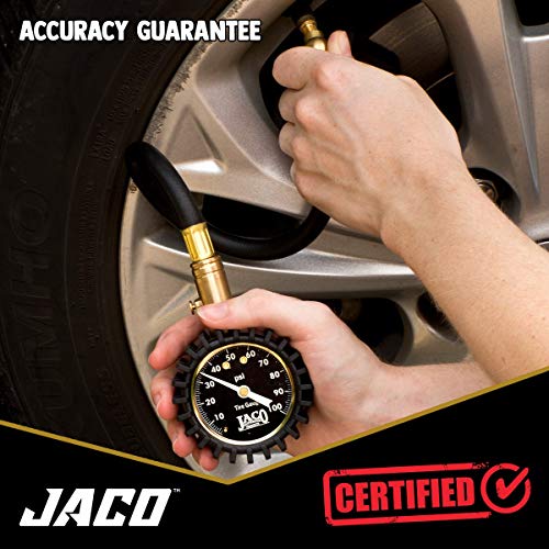 JACO ElitePro 100 PSI tire pressure gauge with analog dial and durable black housing