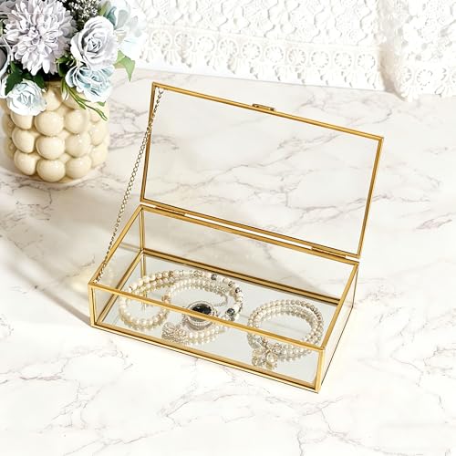 Feyarl Gold Glass Jewelry Box Clear Keepsake Photo Display Box Trinket Ring Earrings Organizer Display Case Holder for Dresser Home Decor Dresser Wedding (8 x 4.3 x 2.2 inch) 8 x 4.3 x 2.2 inch