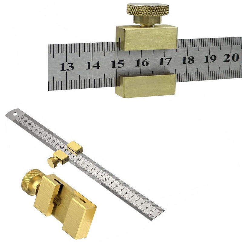 Brass Steel Ruler with Metal Stop, 300 mm, Metal Ruler, Ruler Stop, Marking Gauge, Stainless Steel, Ruler Stop Marking Tool, Combination Square Carpenter's Square (Brass) Brass