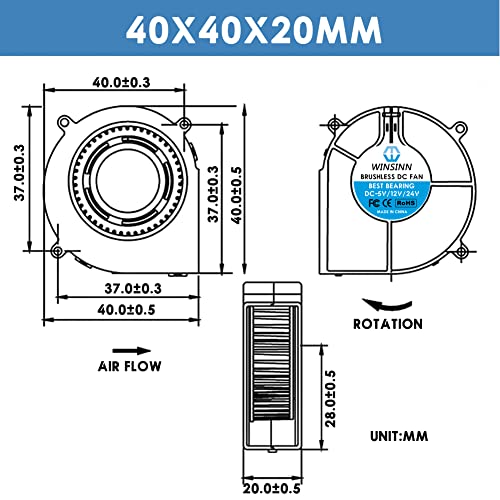 WINSINN 40mm Blower Fan 24V 4020 40x20mm Turbine Turbo Brushless Cooling for 3D Printer Extruder Hotend - High Speed (Pack of 4Pcs) 4020 24V