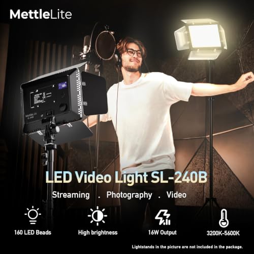 Mettlelite SL240B LED Video Light with Barndoor & Mini Tripod, Ultra Bright Bi-Color Panel, Dimmable 3200K-5600K CRI 95+, Portable Studio Lighting Kit for Photography, Video & Live Streaming