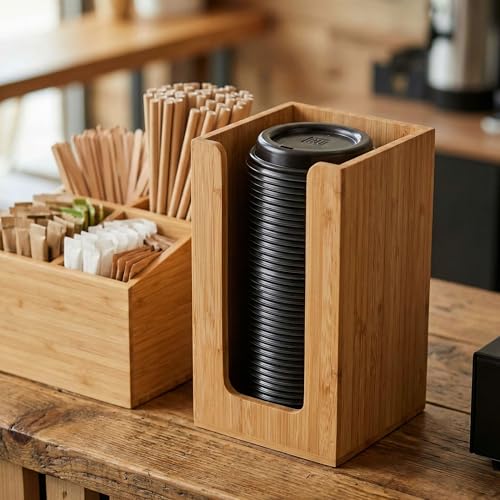 Restaurantware-4.5 x 8 Inch Coffee Cup Dispenser, 1 Countertop Cup Lid Organizer - Holds Cups/Lids/Napkins Up To 3.75 Inch in Diameter, Compact, Bamboo Cocktail Napkin Holder, For Bars or Offices, Cup/Lid/Napkin Natural