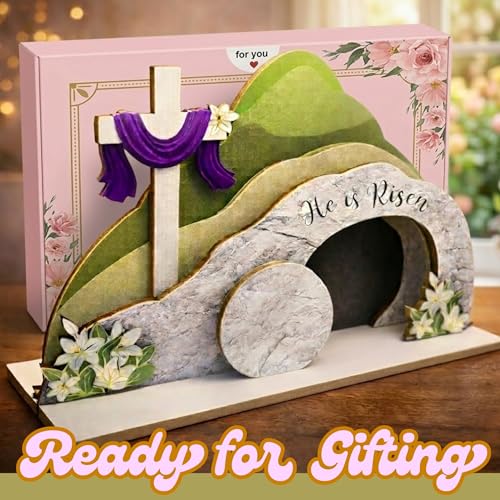 He is Risen Easter Nativity Set - Empty Tomb Decor with Stone Texture & Scripture Verse | Christian Easter Tabletop Display for Home, Church Altar | Religious Resurrection Decorations He is Risen