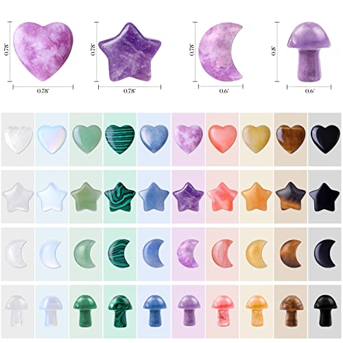 40 PCs Crystal Heart Moon Star Mushroom Shaped Natural Healing Worry Stones Bulk Polished Love Gemstones Handmade Pocket Set Bulk Balancing Meditation Mother's Day Christmas Gift 40pcs