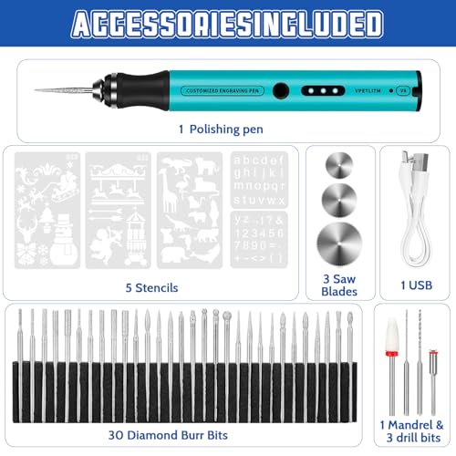 Cordless Engraving Pen, 3-Speed Electric Engraving Tool Kit, Engrave 50+ Surfaces, with 30 Small Drill bits, 7 Grinding Accessories and 5 Engraving Templates, USB Charging for Wood Resin Stone Jewelry