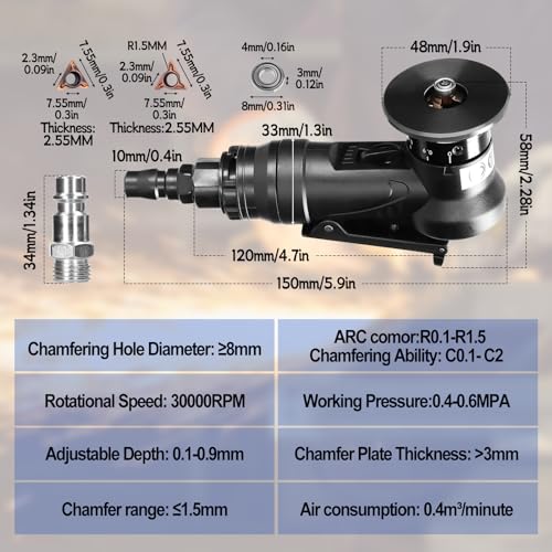 Mini Pneumatic Chamfering Machine, 45 Degree Handheld Linear Trimming Deburring Tool, Black Air Chamfer Tool Deburring Machine for Metal Wood with 1/4 Inch Air Inlet (6 R+6C Angle Blades+4 Bearing) 6 R+6C Angle Blades+4 Bearing