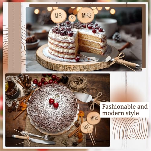 Beeveer 6 Pcs Cake Topper Knife Server Wooden Slice Set Rustic Wedding Decorations Mr and Mrs Cake Topper Table Decor for Bride Groom Valentines Day Glasses Anniversaries Centerpieces