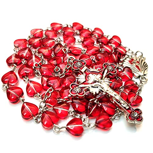 Rosary Beads Chaplet heart-shaped Artificial Crystal Glass Rosery Cross Catholic gifts Red