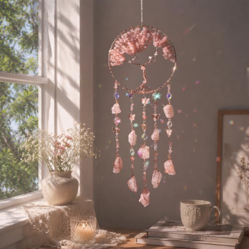 Rose Quartz Dream Catchers for Adults Crystal Suncatchers for Windows Pink Agate