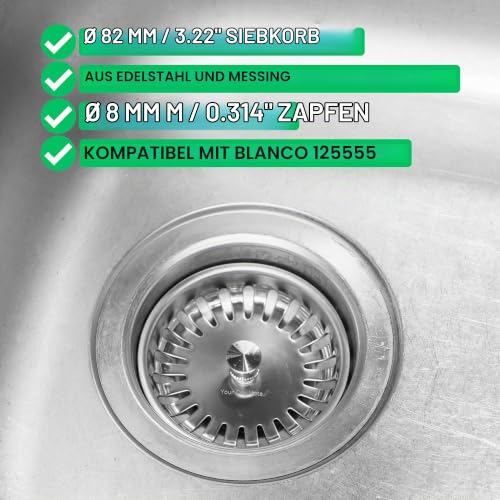 Sink Strainer Basket, Diameter 82 mm, Replacement for 125555, Compatible with Blanco 3.5 Inch Drain Fittings from Year of Manufacture 1996, 24 Slots Strainer Basket, 27-57 mm Eccentric Spigot, Diameter 8 mm Pin, Accessories for Kitchen Sink