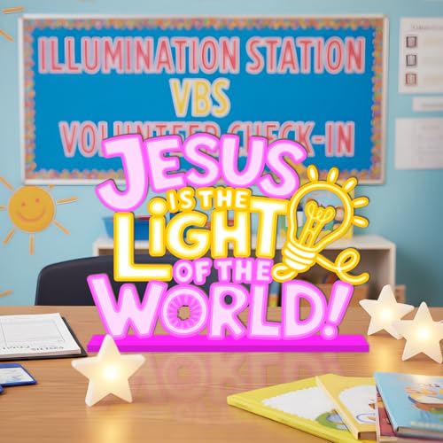 VBS 2026 Decorations Table Wooden Centerpiece 11.8x8.6 Inches Jesus is The Light of The World Religious Table Decorations Neon Style Vacation Bible School Tabletop for Christian Decor Supplies
