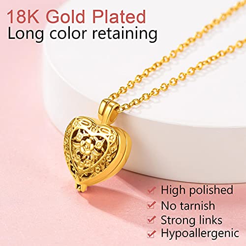 FindChic Customized Heart Shaped Urn Necklaces for Ashes with Custom Picture/Birthstone Stainless Steel/18K Gold Plated Claddagh/Angel Wing Pendant Waterproof Keepsake Cremation Jewelry, with Gift Box 03. hollow heart (goldl) not customized