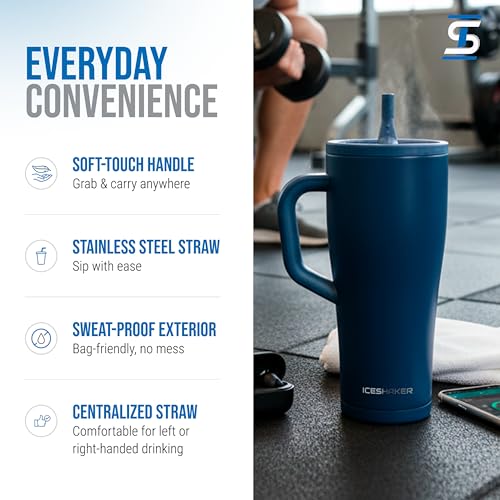 Ice Shaker 32 oz Tumbler with Handle and Straw | 32oz Navy | Cold for 30+ Hours | 2-in-1 Tumbler Shaker Bottle | Odor-Free 32 ounce Bottle for Water, Protein Shakes, Smoothies, Cocktails