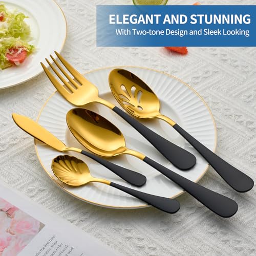 10-Piece Black & Gold Flatware Serving Set, 18/0 Stainless Steel Colorful Handle, Includes Serving Fork, Solid & Pierced Serving Spoon,Sugar Spoon,Butter Knife,Mirror Polished,Dishwasher Safe
