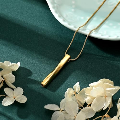 Ashes Urn Necklace Cremation Jewelry Necklaces Unisex Twist Bar Urn Necklaces for Ashes Memorial Keepsake Pendant for Women Men With Funnel Kit & Bag Gold
