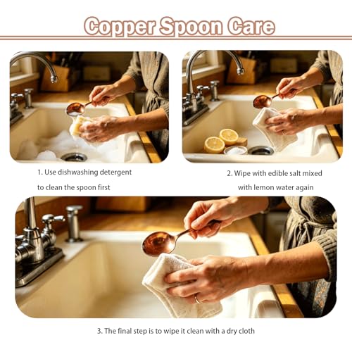 7.87 Inch Pure Copper Spoon, 100% Hand Forged Vintage Copper Spoon, Suitable for Family Gatherings, Restaurants, Desserts, Sugar, and Ice Cream (2) 2