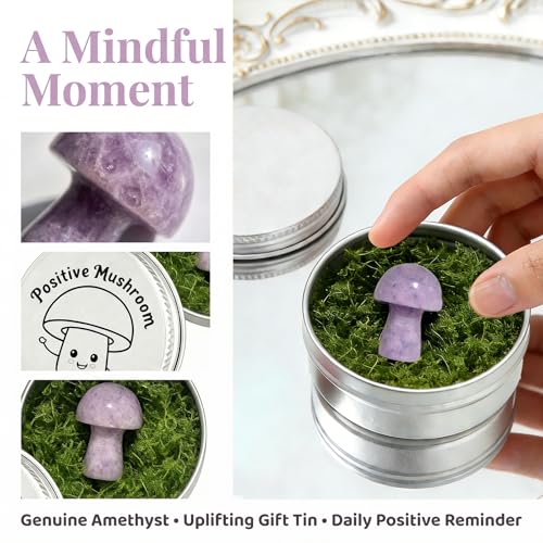Amethyst Crystal Mushroom in Tin Box, Emotional Support Mushroom, Mushroom Trinkets & Gifts, Healing Crystal Gifts for Women, Spiritual Gift Set with Positive Message (Purple) Purple