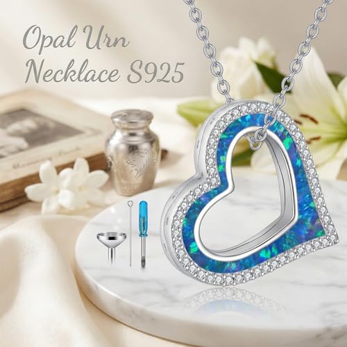 Heart Opal Urn Necklace for Ashes 925 Sterling Silver Heart Cremation Pendant Memorial Jewelry Gifts for Women Mom Sister Friend Blue