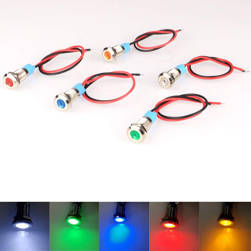 [Australia - AusPower] - 5pcs 8mm LED Metal Indicator Light AC/DC 12-24V Waterproof Signal Lamp Pilot Dash Directional with Wire Multicolored AC/DC 12-24V 