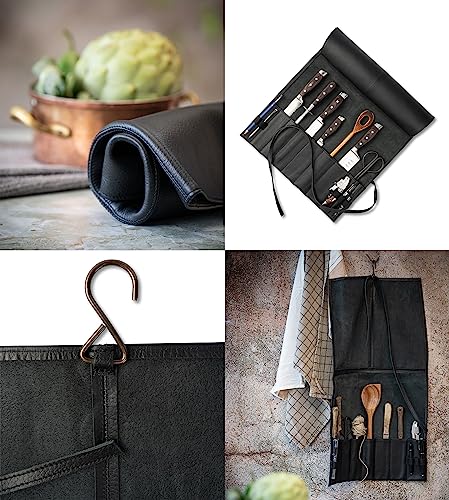 Leather Knife Roll Bag for Chef`s - Premium Knife Roll Case made of Genuine Water-Buffalo Leather, knives storage Bosse (black) black
