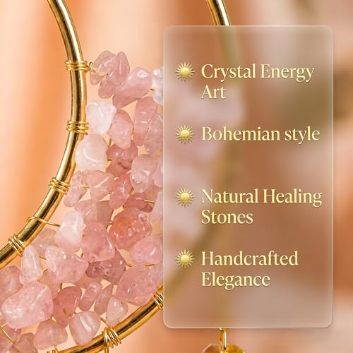 Moon Phase Crystal Suncatcher with Healing Stones, Boho Rainbow Maker Prism Window Hanging, Celestial Moon Sun Catcher for Home Decor, Meditation Room, Yoga Space, Gift for Women, Pink
