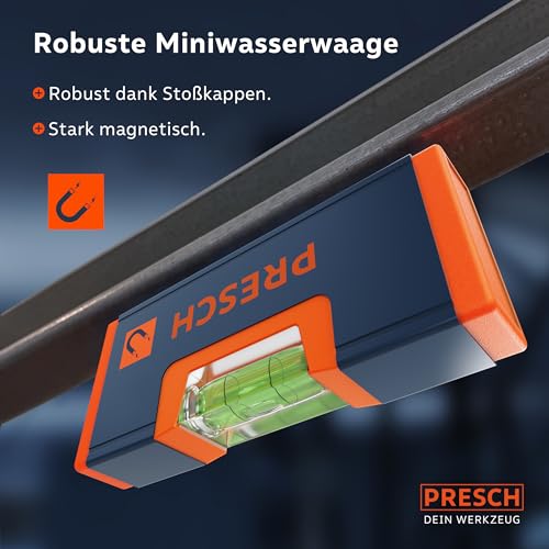 Presch Mini Spirit Level Set of 4 – Mini Spirit Level, Cross Spirit Level, Can Level and Line Spirit Level – All-Round Set – Reinforced Magnet for Maximum Adhesion – Shatterproof Acrylic Glass Levels Set of 4.