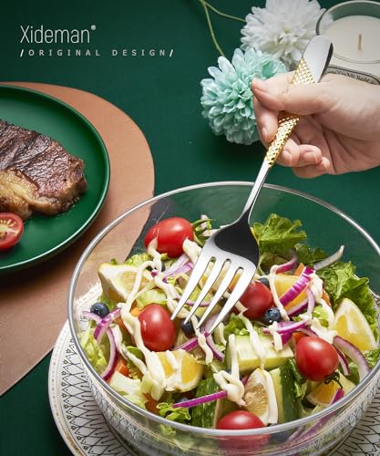 Xideman premium 7-piece hammered stainless steel serving utensil set with gold and silver finishes, including spoons and tongs.