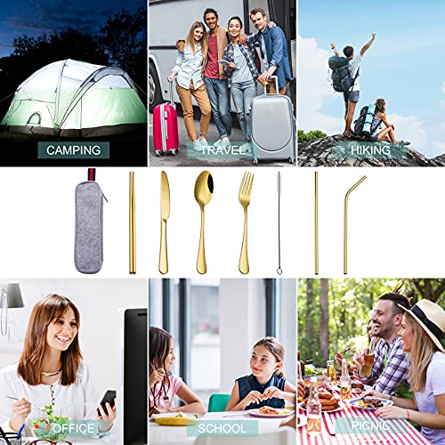 Reusable Travel Utensil Set With Case (Gold), Travel Cutlery Set, Portable Camping Silverware Set, Portable Stainless Steel Flatware Set 8-Piece, Dishwasher-Safe Gold