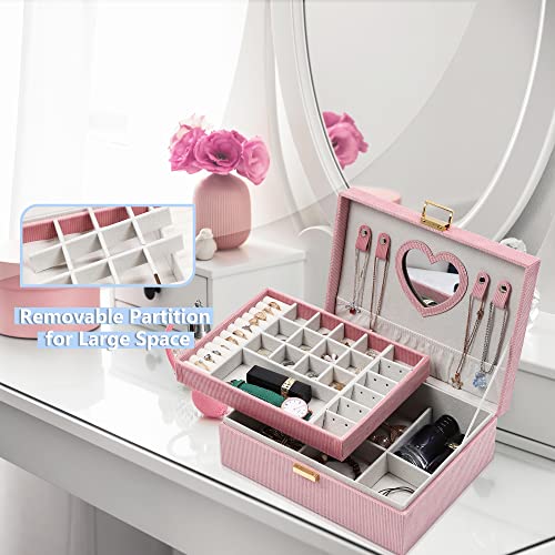 Dajasan Jewelry Box for Teen Girls Women, 2 Layers Jewelry Organizer with Mirror, Removable Jewelry Tray, Jewelry Storage Case, Gift Idea for Teenagers, Striped Velvet (Pink) Pink