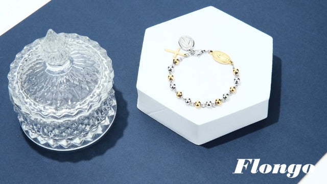 Flongo Cross Rosary Beads Bracelet, Vintage Stainless Steel Jesus Christ Crucifix Cross Bracelet for Men Women Christmas Wedding Gold