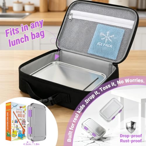 MaMix Stainless Steel Bento Lunch Box for Kids & Adults - Leakproof 4.4 Cup Lunch Container with 3 Compartments for School & Travel -Dishwasher Safe, BPA Free (purple) Purple