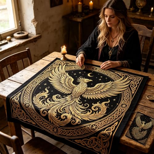 GLOBLELAND Golden Phoenix Tarot Tablecloth Velvet Magic Tarot Altar Table Cloth with Card Pouch Bag for Card Readings Wicca Spiritual Divination Witchcraft Decoration
