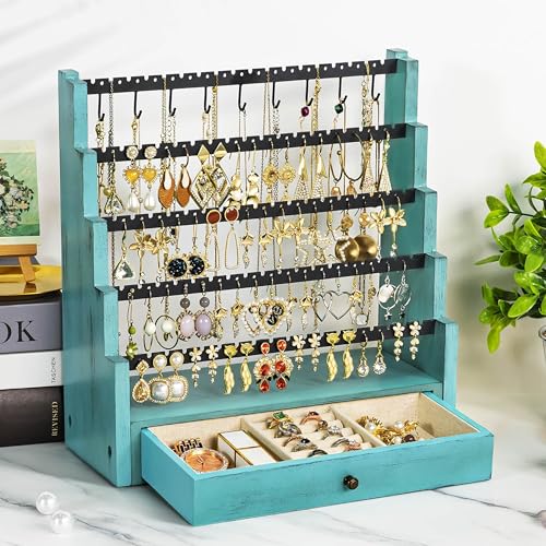 Pinzoveco Earring Organizer, 5 Layer Earring Holder Organizer with Necklace Holder Pole, Rustic Wood Jewelry Organizer Stand Display for Stud Earring Bracelet Necklace Ring, 175 Earring Holes Teal
