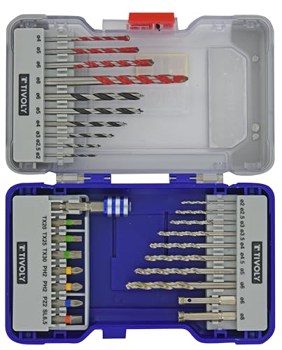 TIVOLY 28-piece wood drill bit set with metal, concrete and wood bits and quick-change screwdriver bit holder