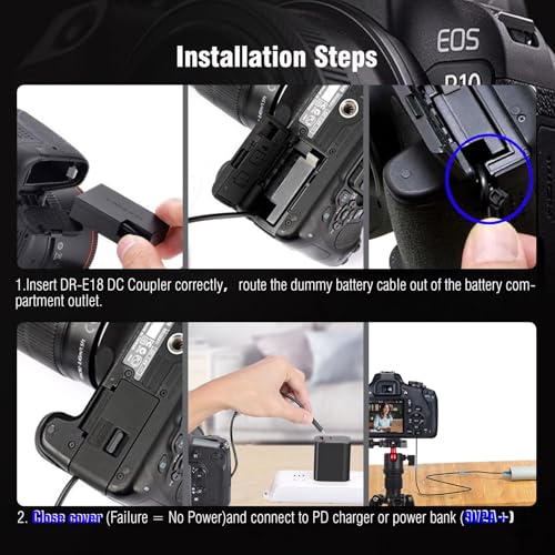 USB C Charger Block DR-E18 DC Coupler Cable, Replace LP-E17 Dummy Battery ACK-E18 AC Power Adapter, Compatible with Canon EOS RP R50 R100 R8 R10 77D 200D 750D 800D 8000D...