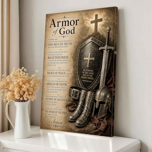 Armor of God Wall Art Christian Canvas Print, Full Armor of God Poster, Religious Wall Decor, Faith Inspired Scripture Art, Spiritual Gift for Men Women, Christian Home Decor Living Room Bedroom Framed 8*12 inch 12"L x 8"W