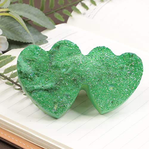 Rockcloud Green Double Heart Shape Titanium Coated Crystal Cluster Geode 3.2 inches