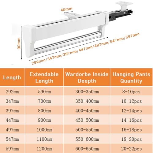 Pull Out Closet Valet Rod, Adjustable Sliding Heavy Duty Steel Top Mounted Clothes Storage Hanger Rail for Closet Wardrobe (292mm/11.5inch) 292mm/11.5inch White