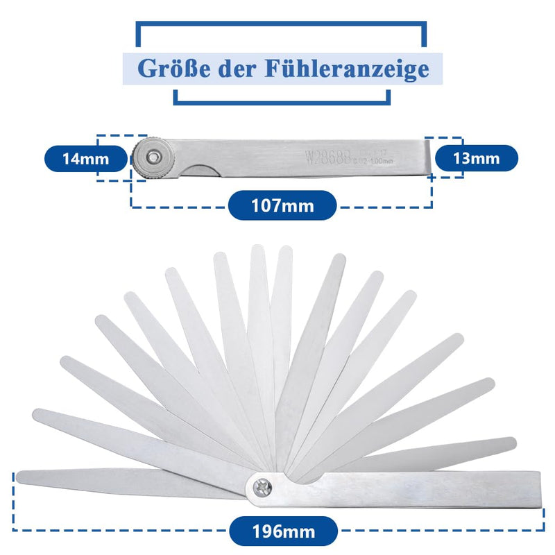 Mesee Stainless Steel Feeler Gauge Set, 17 Blades High Precision Feeling Gauge, 0.02-1.00 mm Gap Width Measuring Tool for Valve Tappet, Spark Plug Gaps, Piston Rings, Brake Bands