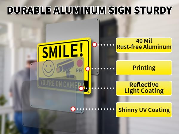 2 Pack Smile You're on Camera Signs – Video Surveillance Signs Outdoor, 10"x7" Rust-Free Aluminum Warning Sign, UV Printed Weatherproof Security Camera Sign for Home, Business, Fence, Driveway, CCTV 2-Pack