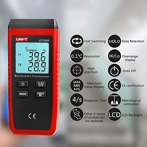 UT320D Dual Channel K/J Digital Thermometer, Thermocouple Temperature Meter Temperature Meter with 2 K-Type Measuring Probe for Industry, Agriculture, Meteorology and Life