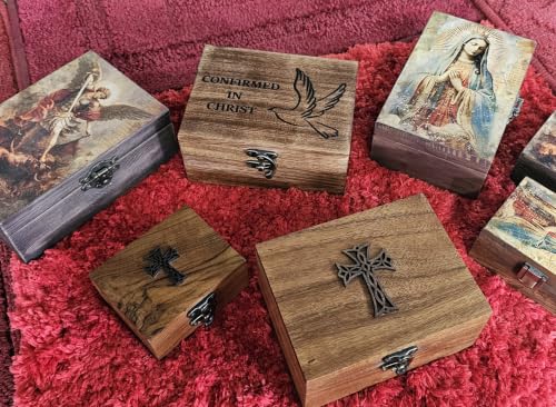 RK Collections Cross Rosary Box Made of Teak Wood | First Communion Jewelry Box | Trinket Box for Rosary Beads, Keepsakes, Small Jewelry and Mementos (5.75" x 4.75" x 2.5") 5.75" x 4.75" x 2.5"