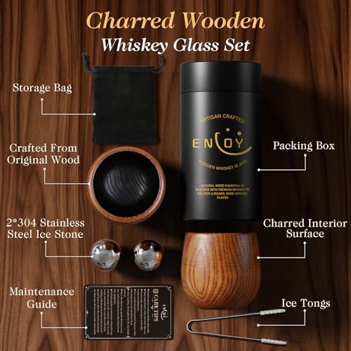ENLOY Charred Wooden Bourbon Drinking Glass Set with Ice Stones & Tongs