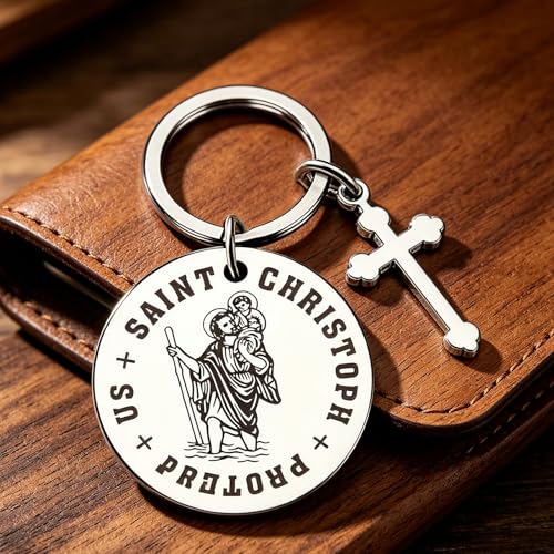 St Christopher Keyring Travel Gift for Men or Women, Christopher Keychain Token Medal, Saint Christophers Token Medal, for Safe Travels Saftey and Protection, New Car Gifts and Accessories
