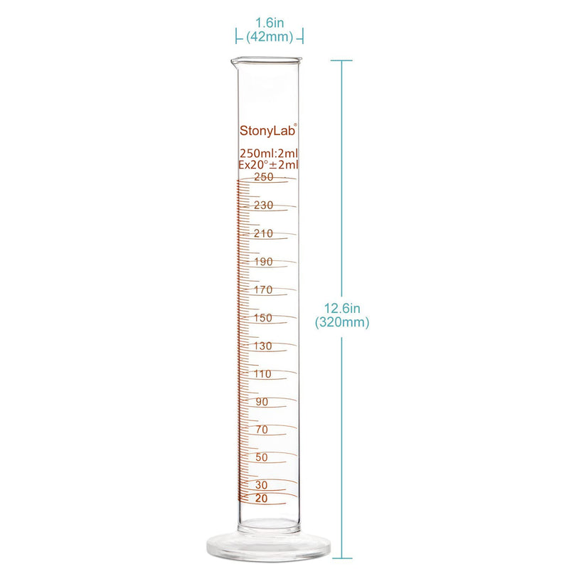 StonyLab 3-Pack Borosilicate Glass 250ml Heavy Wall Graduated Cylinder Measuring Cylinder, 250ml 250 ml