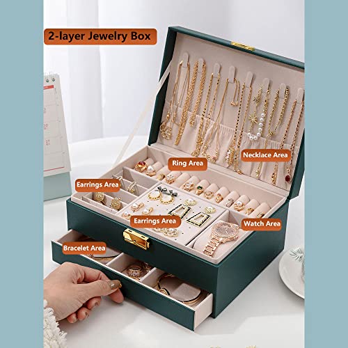 GUOER Jewelry Box for Women Girls, Two Layers Jewelry Organizer Green